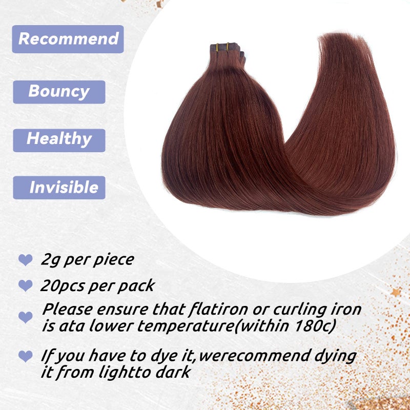 Smavida Auburn Tape in Hair Extensions Human Hair #33 Dark Auburn Invisible Tape ins Silky Straight 20pcs/30g Seamless Skin Weft 100% Remy Real Human Hair Glue in Extensions 16 Inch - Image 3